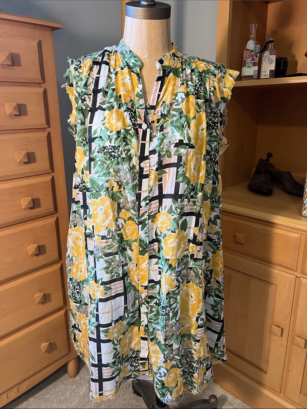 Yellow Floral Button-Front Midi Dress
